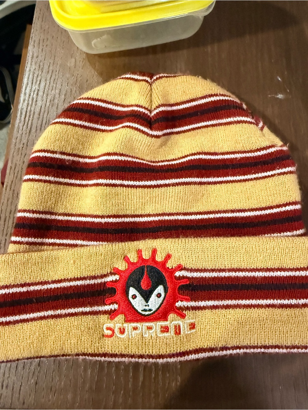 Supreme Striped Beanie in tan, maroon & White